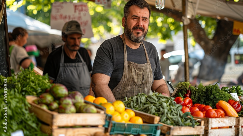 Market Vendor with Fresh Vegetables at Stall. Market vendor with a confident expression stands in front of a variety of fresh vegetables at his stall. Market Vendor with Fresh Vegetables at Stall. Market vendor with a confident expression stands in front of a variety of fresh vegetables at his stall.