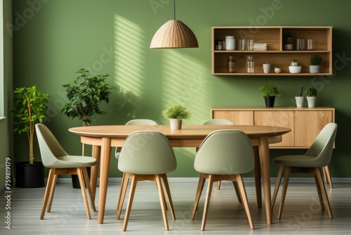 Scandinavian mid-century dining table and chairs against green wall in modern home interior