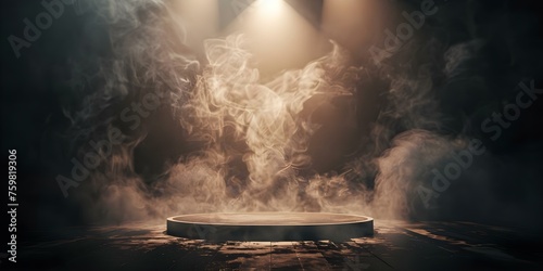 Eerie and theatrical podium on a hazy black stage under a spotlight. Concept Theatrical Podium, Eerie Setting, Hazy Black Stage, Spotlight Display, Dark Atmosphere