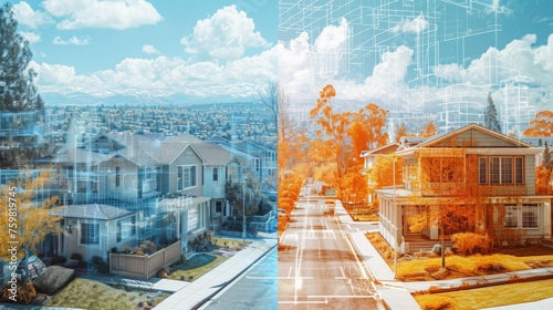 A split-screen image showcasing a real-life view of a neighborhood contrasted with its digitized counterpart in a metaverse environment blurring the lines between physical and virtual spaces photo