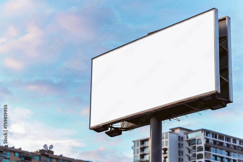 Fototapeta premium Blank billboard mockup with white screen against clouds and blue sky background. Copy space banner for advertisement. Business Concept.