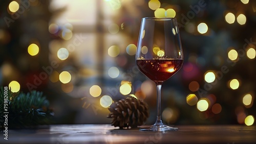 Enchanting merlot wineglass with festive yellow lights backdrop