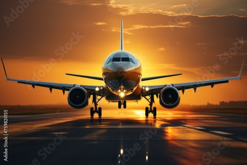 Large jetliner taking off from airport runway at sunset or dawn with landing gear down