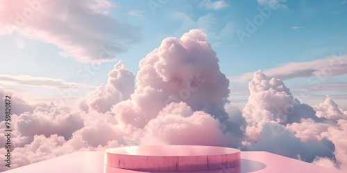 Pink podium on cloudfilled sky background creating a dreamy and aesthetic scene. Concept Dreamy Background, Aesthetic Photography, Pink Podium, Cloud-filled Sky, Outdoor Photoshoot © Ян Заболотний