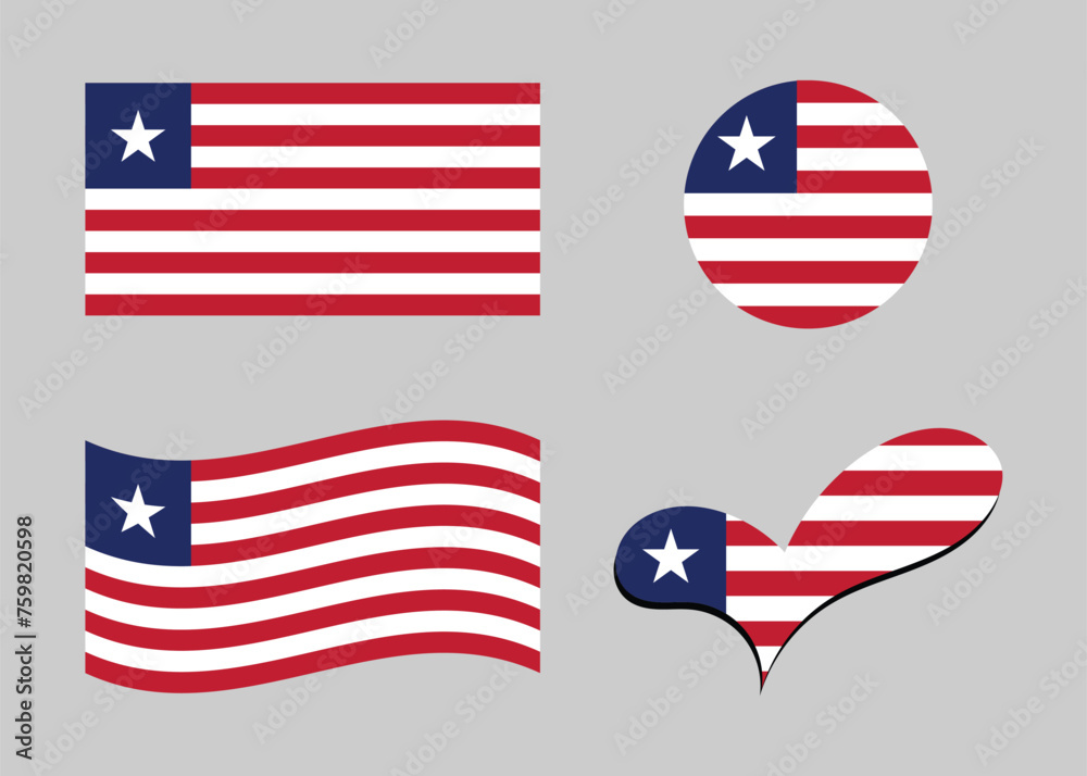 Flag of Liberia. Liberia flag in heart shape. Liberia flag in circle shape. Country flag variations. Flag of Liberia. Liberia flag in heart shape. Liberia flag in circle shape. Country flag variations.