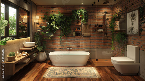 Modern bathroom interior with green plants  wooden elements  and natural light.