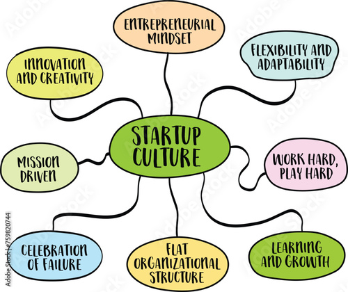 startup culture infographics, unique set of values, practices, norms, and behaviors that characterize entrepreneurial ventures, business and social
