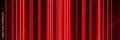 Abstract background with lines. Red neon light vertical lines on dark background banner. 