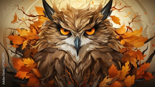 Intricate owl illustration with fall foliage