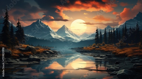 Mountainous sunset landscape with serene river