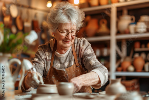 Joyful elderly lady shaping clay pots with skill and dedication in a cozy pottery studio