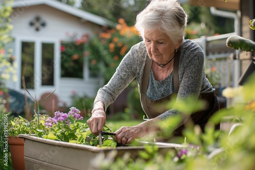Elderly woman enjoys planting flowers in her sunny garden