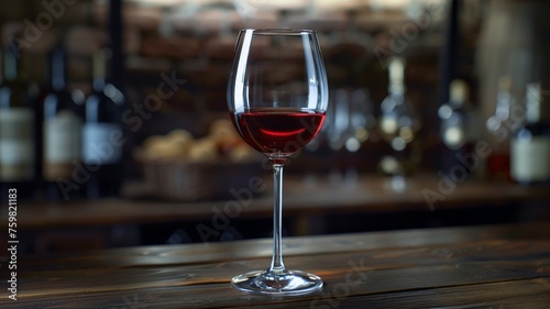 Elegant red wine glass set on a rustic wooden bar