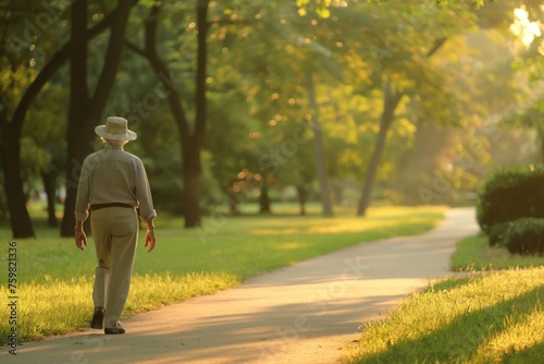 Elderly man enjoys a peaceful walk along a sunlit path in a lush park © Татьяна Евдокимова