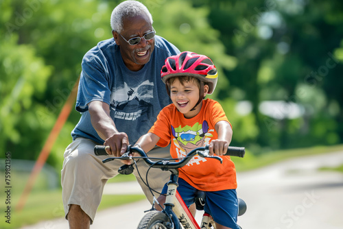 Joyful senior man helps little boy with helmet ride bicycle on sunny day