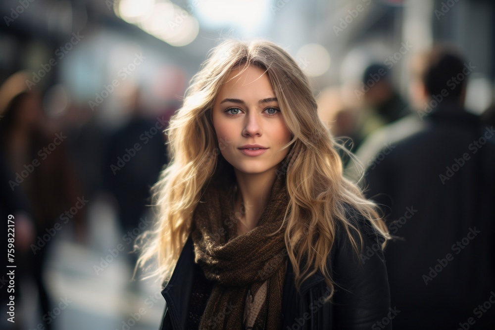 Portrait of a beautiful young girl against the backdrop of city streets