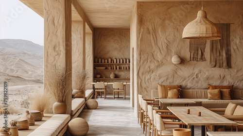 Modern Desert Cafe Interior with Earth Tone Decor