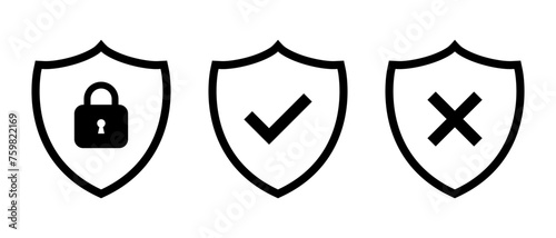 Security shield line icon vector. Shields with padlock, checkmark, and cross mark