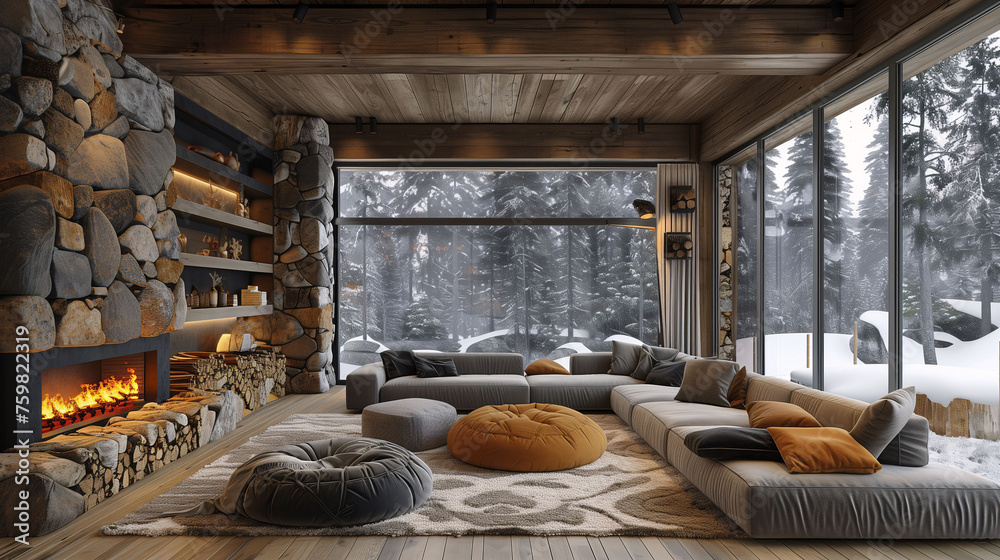 Cozy modern living room with fireplace and winter forest view through large windows. Cozy modern living room with fireplace and winter forest view through large windows.