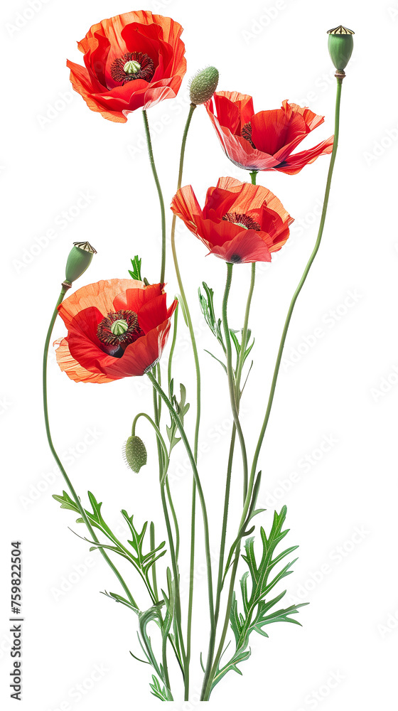 Fototapeta premium Bouquet of the common poppy, field poppy (papaver rhoeas) isolated. Red flowers, frail green stem. 