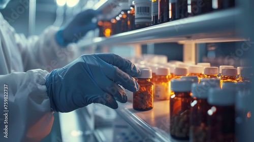 Close-up of hand with sanitary gloves checking pharmaceutical bottles.