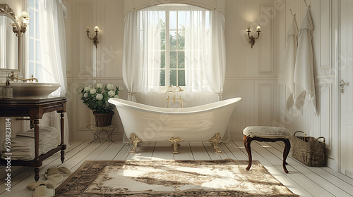 Elegant vintage bathroom with claw-foot bathtub  natural light  and classic decor.