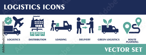 Logistics icons. Containing logistics, distribution, delivery, loading, green logistics, route planning. Flat design vector set.