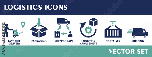 Logistics icons. Containing last mile delivery, packaging, supply chain, logistics management, container, shipping. Flat design vector set.
