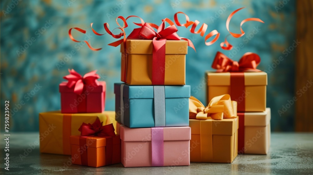 Fototapeta premium A stack of colorful gift boxes with ribbons bursting open representing the excitement and value that brands deliver.