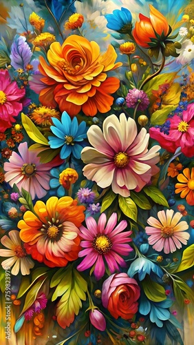 Oil painting of flowers. Abstract art background. Colorful flowers. Beautiful floral background.