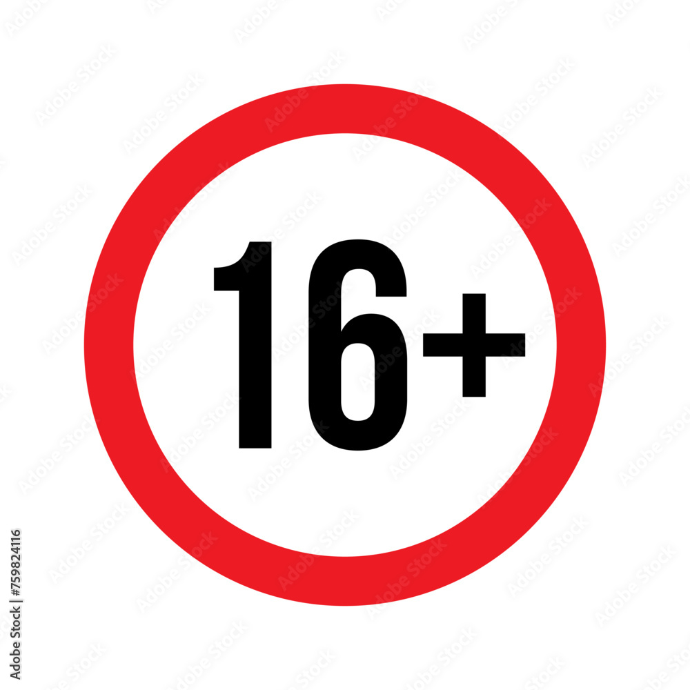 Age restriction for 16 plus vector illustration. Person under 16 not allowed sign, number sixteen in red line isolated circle badge for age limit of forbidden restricted social media content, movie Age restriction for 16 plus vector illustration. Person under 16 not allowed sign, number sixteen in red line isolated circle badge for age limit of forbidden restricted social media content, movie