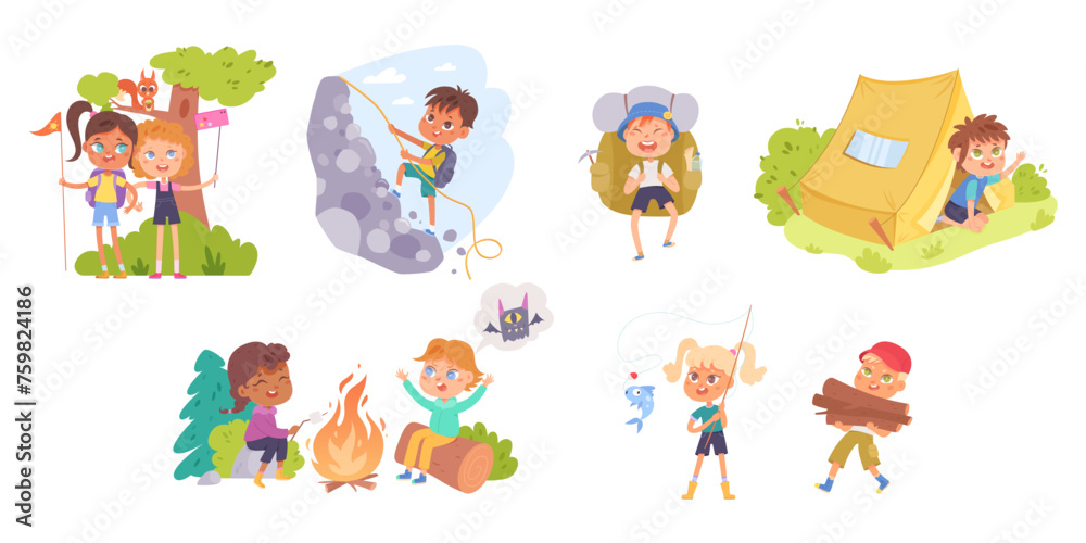 Children summer adventures in forest. Collection of cartoon vector illustrations isolated on white background. Cute camping kids in jungle and safari. Live in tent and making bonfire Children summer adventures in forest. Collection of cartoon vector illustrations isolated on white background. Cute camping kids in jungle and safari. Live in tent and making bonfire