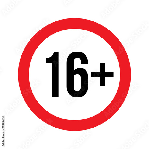 Age restriction for 16 plus vector illustration. Person under 16 not allowed sign, number sixteen in red line isolated circle badge for age limit of forbidden restricted social media content, movie