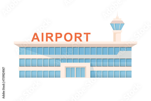 Airport building vector illustration isolated on white. Modern air flight terminal with big glass windows. Front view of entrance in public transport construction. Urban infrastructure infographics © backup_studio