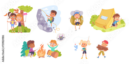 Children summer adventures in forest. Collection of cartoon vector illustrations isolated on white background. Cute camping kids in jungle and safari. Live in tent and making bonfire