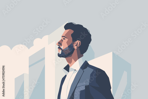 Profile of a Bearded Businessman with City Reflection - Vision and Strategy in Business Concept