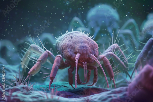 Dust mite fantastic or futuristic, microscopic parasites and animal, microorganism. Mite, bug, microbiology and ectoparasite, vermin and insects photo