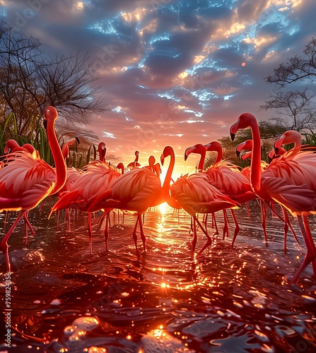 Flamingo Flock at Sunset with Dramatic Sky Reflections