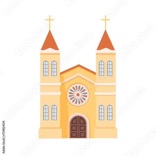Church building vector illustration. Catholic cathedral silhouette with cross and chapel. Religion traditional architecture design. Wedding place. Urban infrastructure infographics