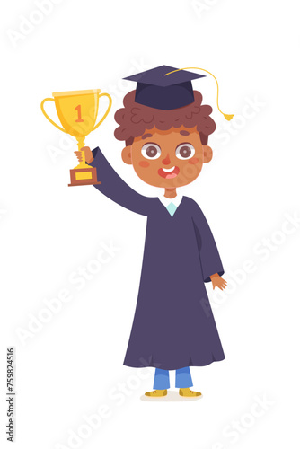 Kid graduate holding golden trophy cup, child in academic gown, mortarboard celebrating