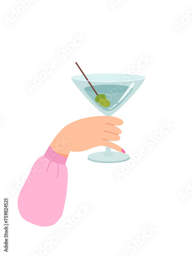 Woman hand with glass of martini with olives vector illustration isolated on white background. Female holds goblet with alcohol cocktail. People celebrating with toasts and cheering. Party time
