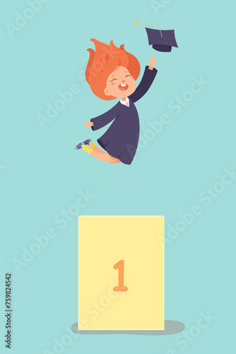 Happy kid graduate jumping high above podium with number one, female student in gown