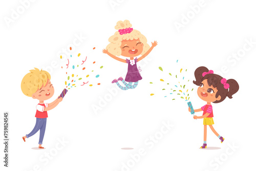 Happy birthday party with confetti. Kids celebration. Holiday in kindergarten or school. Fun children vector illustration. Cute little boy and girls smiling and jumping on white background © backup_studio