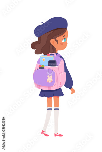 Kid with school backpack back view vector illustration. Girl going to kindergarten with bag pack. Cartoon smart student character isolated on white background. Back to school, education concept