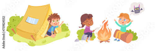 Children summer adventures in forest. Cartoon vector illustration isolated on white background. Cute camping kids live in tent and sitting by the bonfire