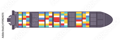Top view sea ship vector illustration. Aerial view of ocean transport. Marine vessel with containers. Carriage and maritime transportation. Worldwide cargo shipments. Sea freight. Logistics banner © backup_studio
