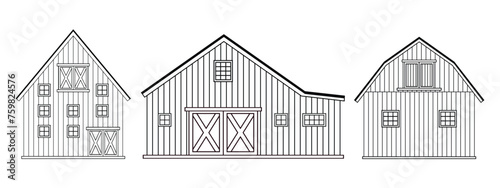 Set of black wite doodle cartoon alone wooden barn houses, roofs, windows and doors with crossed white boards. Vector Outline isolated hand drawn illustrations on white background, front view