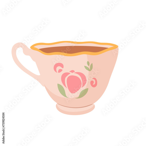 Tea or coffee cup vector illustration. Cartoon hot drink in beautiful teacup. Cafe or restaurant icon. Breakfast time. English traditional drink