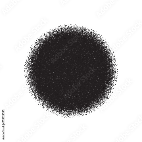 Radial grain pattern, pointillism vector illustration. Abstract circle with gradient stipple noise texture and dots gradation with circular spin effect, monochrome dotwork on white background