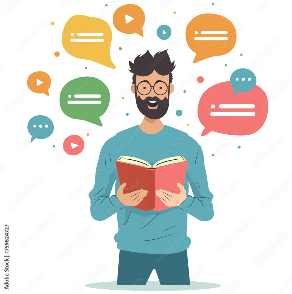Man reading book with speech bubbles illustration on Transparent background in Flat Style